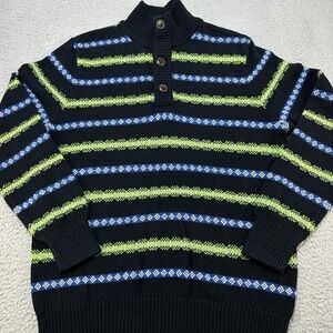 American Eagle Men's Henley Large‎ Green Blue 3 Button Mock Neck Sweater Preppy